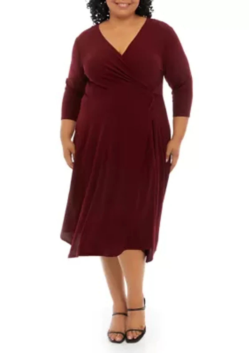 Plus 3/4 Sleeve Solid Wrap Waist Fit and Flare Dress