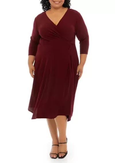 Plus 3/4 Sleeve Solid Wrap Waist Fit and Flare Dress