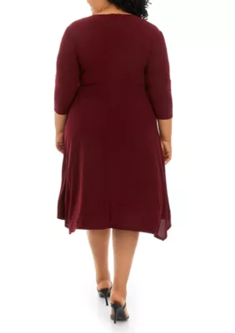 Plus 3/4 Sleeve Solid Wrap Waist Fit and Flare Dress