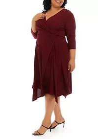 Plus 3/4 Sleeve Solid Wrap Waist Fit and Flare Dress
