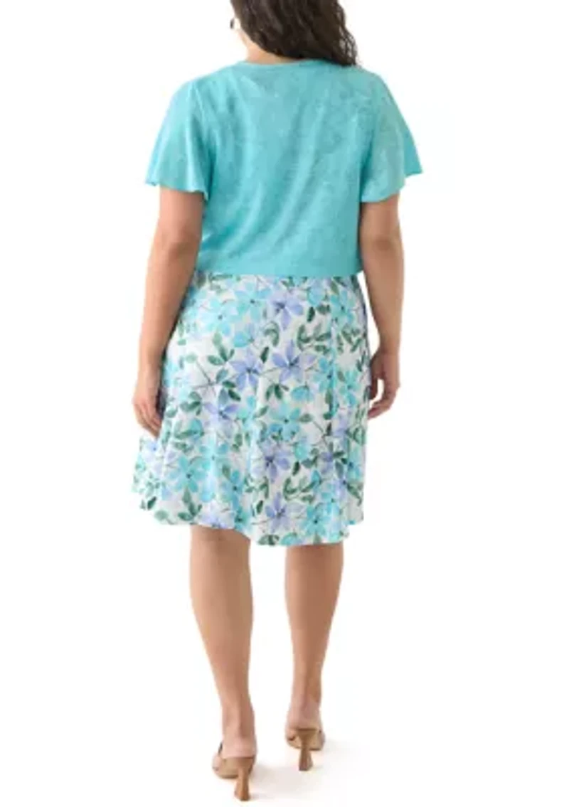 Plus Floral Dress and Solid Flutter Sleeve Topper