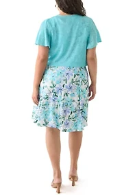 Plus Floral Dress and Solid Flutter Sleeve Topper