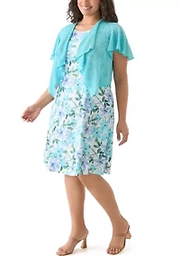 Plus Floral Dress and Solid Flutter Sleeve Topper