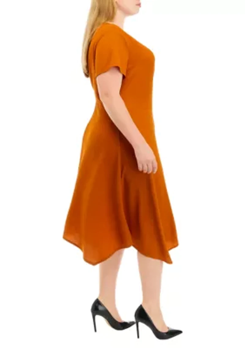 Plus Short Sleeve Crossover V-Neck Fit and Flare Dress
