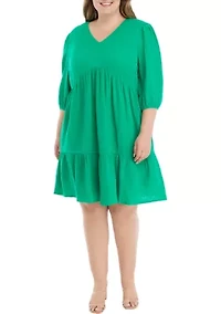 Plus 3/4 Sleeve V-Neck Solid Gauze Dress