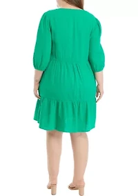 Plus 3/4 Sleeve V-Neck Solid Gauze Dress