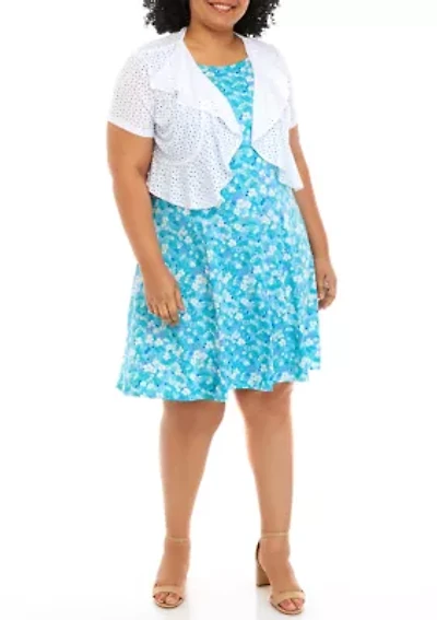 Plus Floral Print Dress with Eyelet Jacket