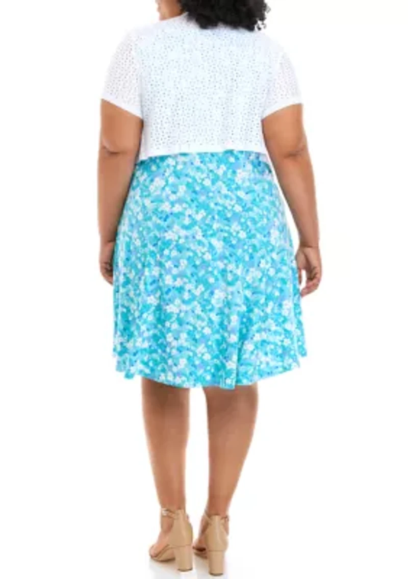 Plus Floral Print Dress with Eyelet Jacket