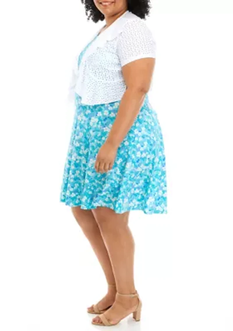 Plus Floral Print Dress with Eyelet Jacket