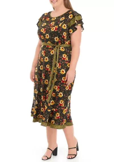 Plus Short Flutter Sleeve Tie Waist Ditsy Print Midi Dress