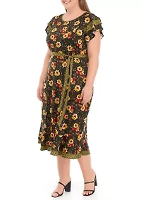 Plus Short Flutter Sleeve Tie Waist Ditsy Print Midi Dress