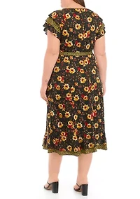 Plus Short Flutter Sleeve Tie Waist Ditsy Print Midi Dress