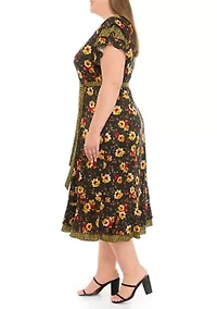 Plus Short Flutter Sleeve Tie Waist Ditsy Print Midi Dress
