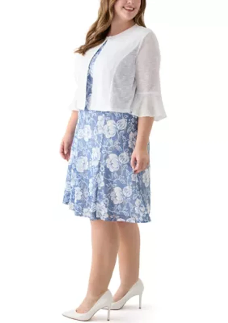 Plus Floral Print Dress with 3/4 Bell Sleeve Jacket