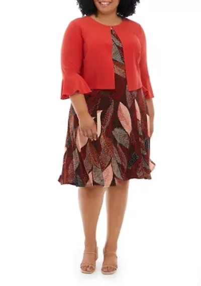 Plus Elbow Sleeve Leaf Print A-Line Jacket Dress