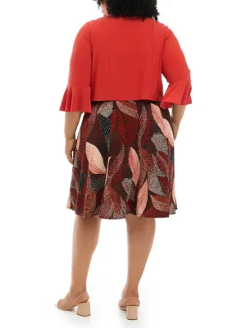 Plus Elbow Sleeve Leaf Print A-Line Jacket Dress