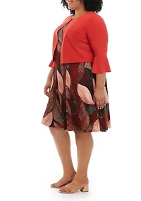 Plus Elbow Sleeve Leaf Print A-Line Jacket Dress