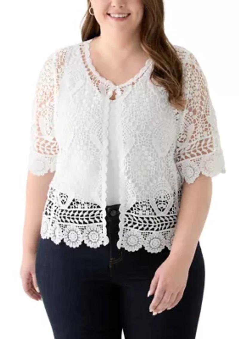 Plus Short Sleeve Open Work Lace Shrug