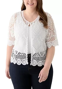 Plus Short Sleeve Open Work Lace Shrug
