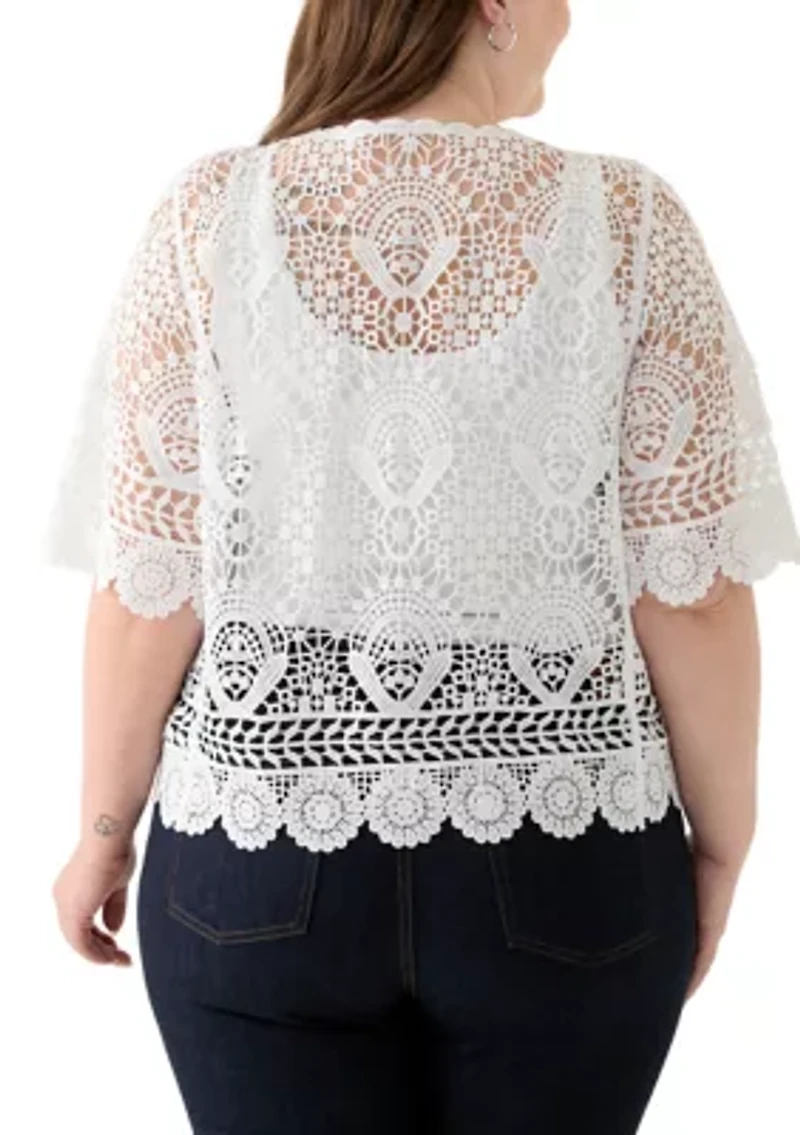 Plus Short Sleeve Open Work Lace Shrug