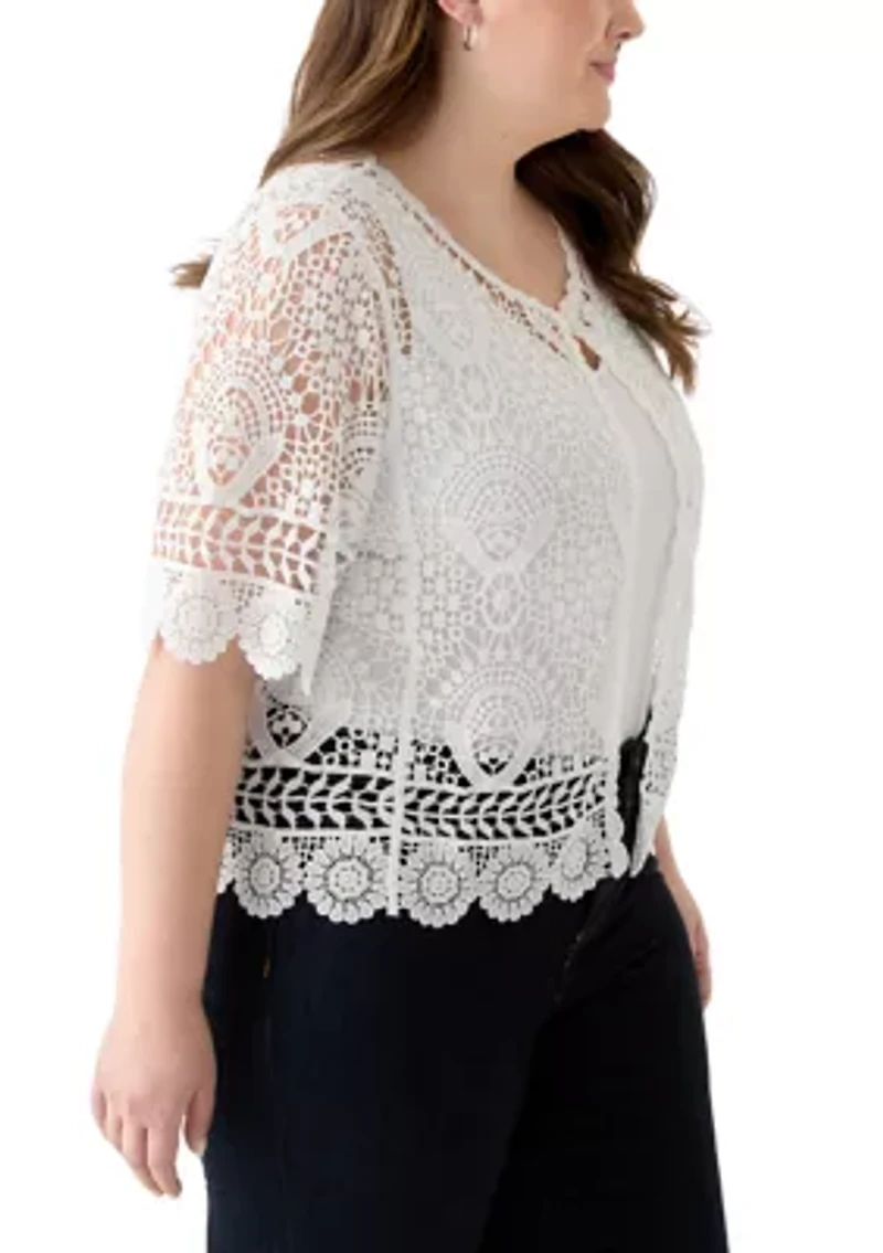 Plus Short Sleeve Open Work Lace Shrug