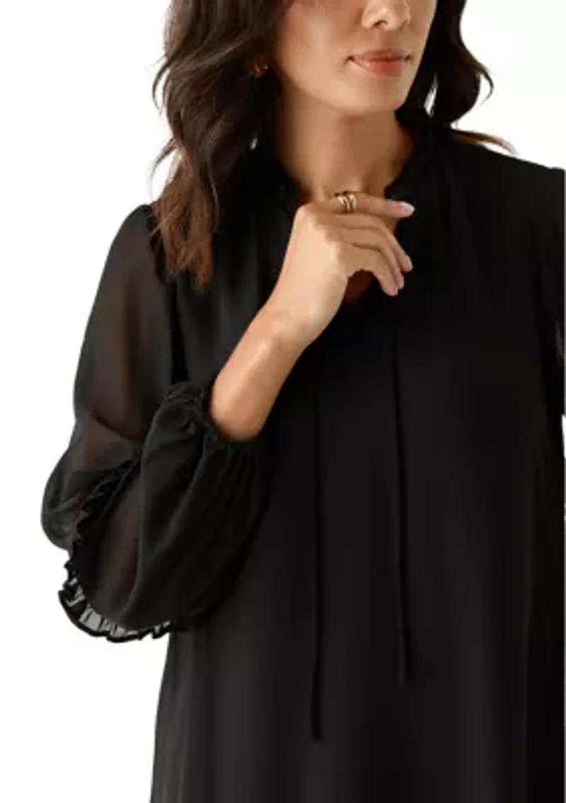 Women's Long Sleeve Tie Neck Mini Dress