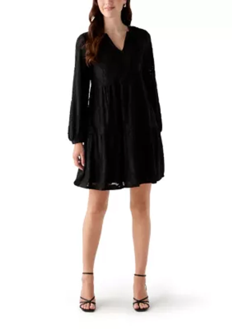 Women's Blouson Sleeve V-Neck Solid Jacquard A-Line Dress