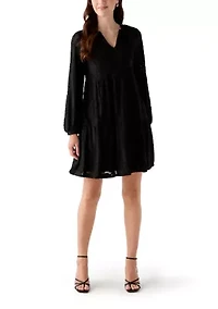 Women's Blouson Sleeve V-Neck Solid Jacquard A-Line Dress