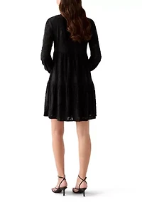 Women's Blouson Sleeve V-Neck Solid Jacquard A-Line Dress
