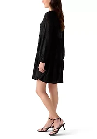 Women's Blouson Sleeve V-Neck Solid Jacquard A-Line Dress