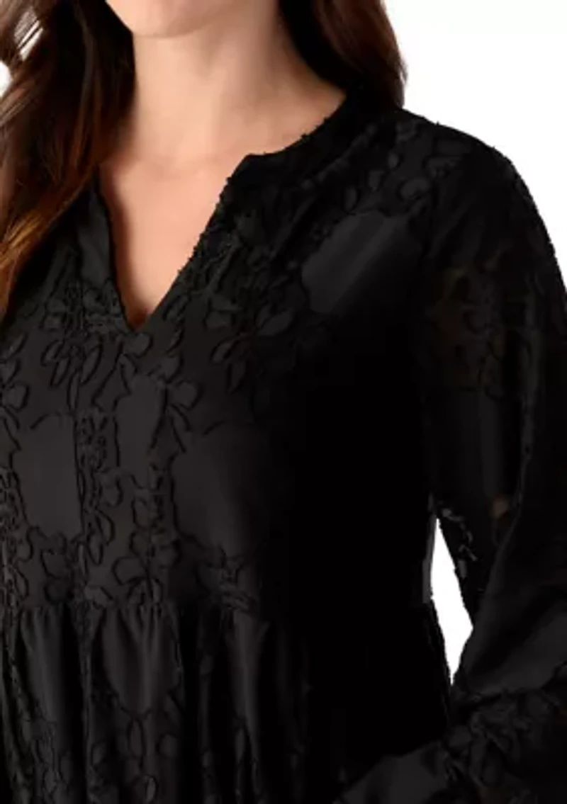 Women's Blouson Sleeve V-Neck Solid Jacquard A-Line Dress