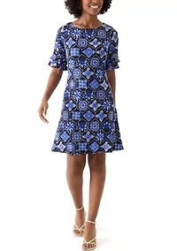 Women's Elbow Flare Sleeve Geometric Printed Dress