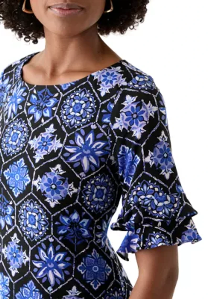 Women's Elbow Flare Sleeve Geometric Printed Dress
