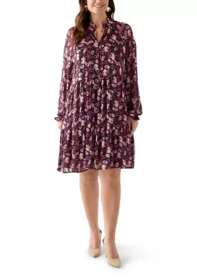 Plus Long Sleeve Floral Print Chiffon A-Line Dress