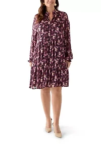 Plus Long Sleeve Floral Print Chiffon A-Line Dress