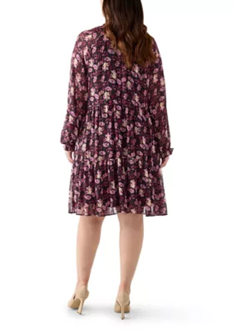 Plus Long Sleeve Floral Print Chiffon A-Line Dress