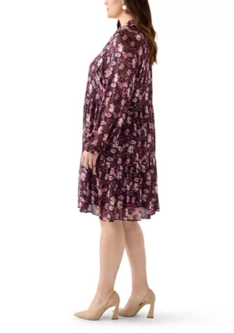 Plus Long Sleeve Floral Print Chiffon A-Line Dress