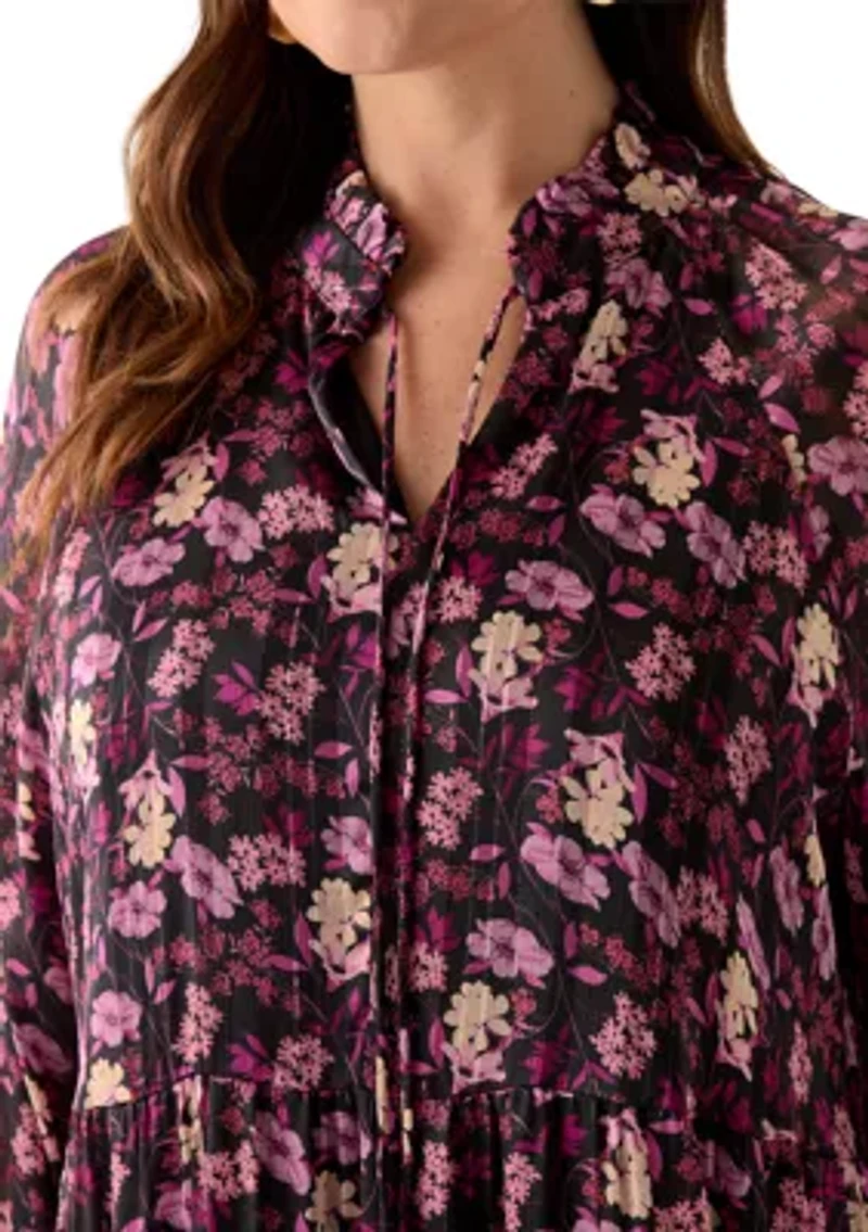 Plus Long Sleeve Floral Print Chiffon A-Line Dress