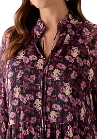 Plus Long Sleeve Floral Print Chiffon A-Line Dress