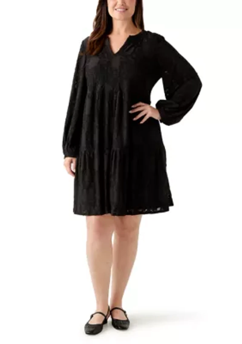 Plus Long Blouson Sleeve V-Neck Jacquard A-Line Dress