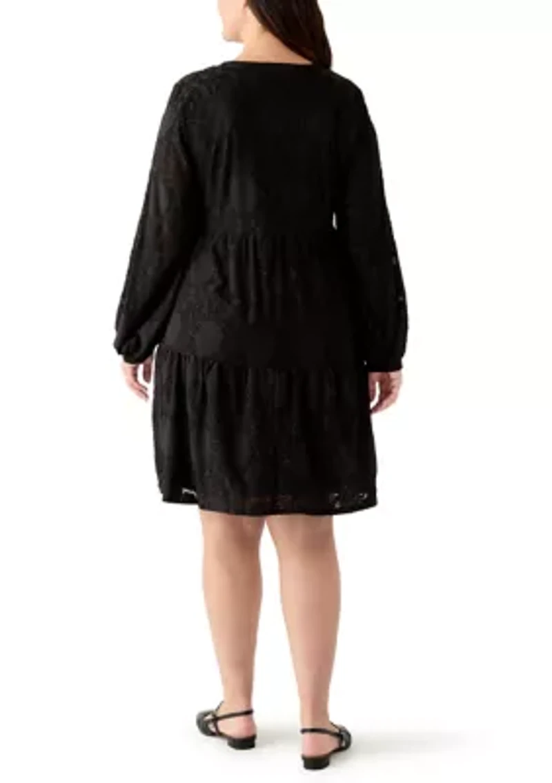 Plus Long Blouson Sleeve V-Neck Jacquard A-Line Dress