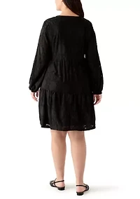 Plus Long Blouson Sleeve V-Neck Jacquard A-Line Dress