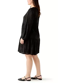 Plus Long Blouson Sleeve V-Neck Jacquard A-Line Dress