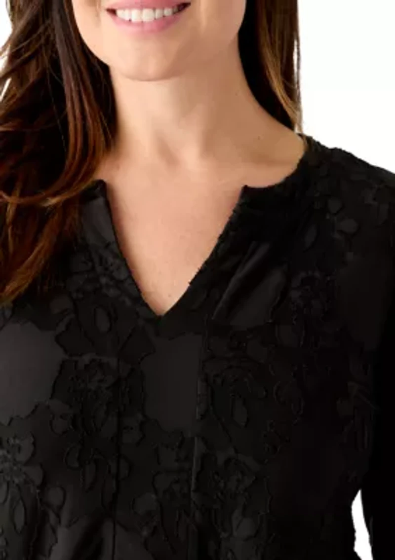 Plus Long Blouson Sleeve V-Neck Jacquard A-Line Dress