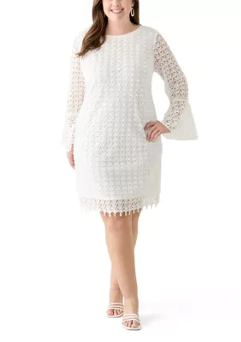 Plus Long Sleeve Scoop Neck Solid Lace Dress