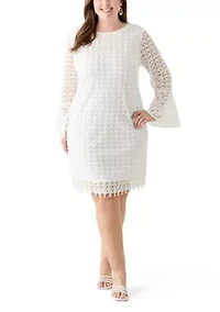 Plus Long Sleeve Scoop Neck Solid Lace Dress