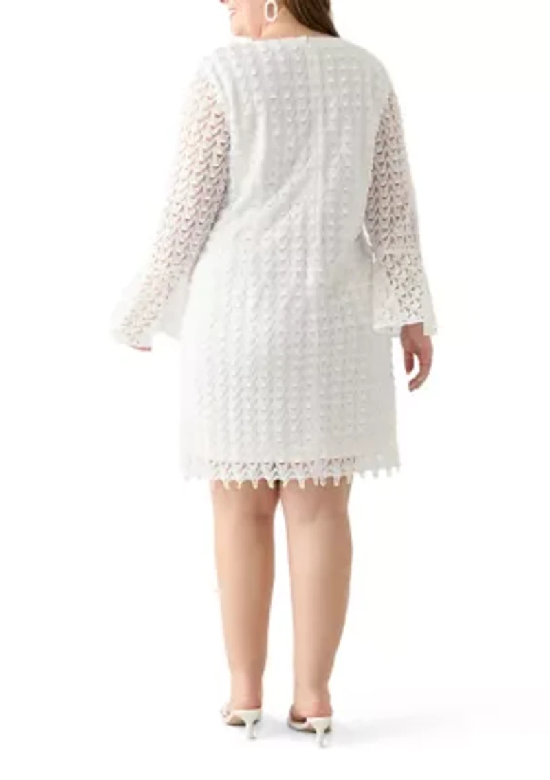 Plus Long Sleeve Scoop Neck Solid Lace Dress