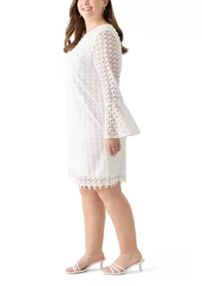 Plus Long Sleeve Scoop Neck Solid Lace Dress