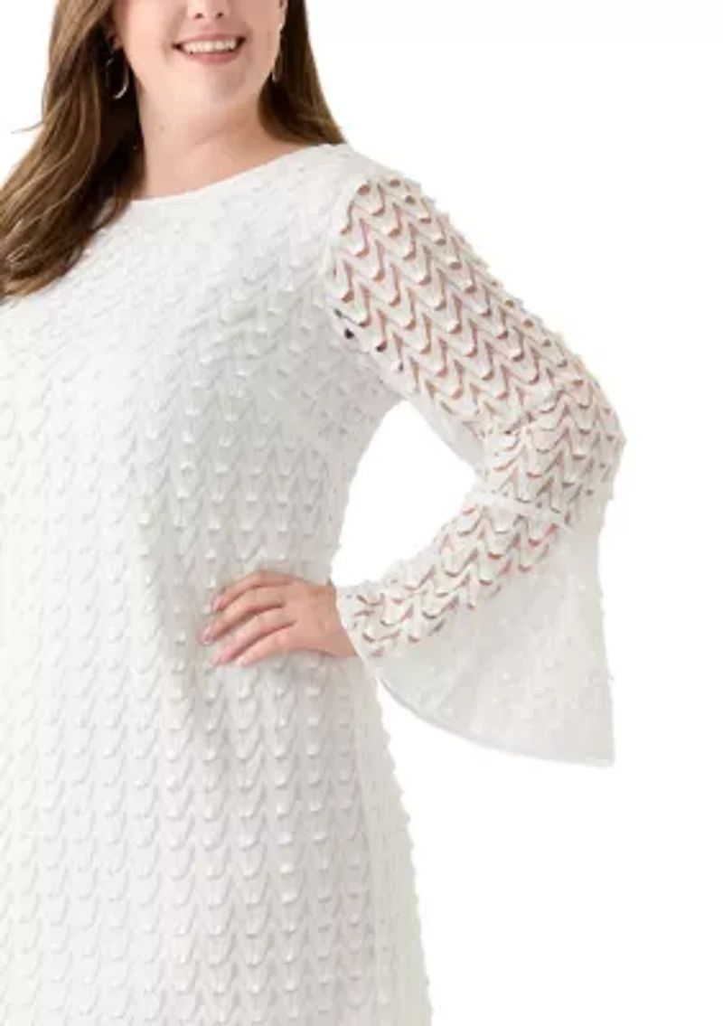Plus Long Sleeve Scoop Neck Solid Lace Dress