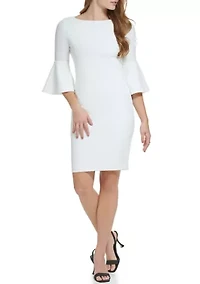 Women's 3/4 Boat Neck Bell Sleeve Scuba Sheath Dress